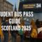 A group of students waits to board a Lothian bus to Ocean Terminal in Edinburgh, Scotland, during the evening. The image is overlaid with the text “Student Bus Pass Guide Scotland 2025.”