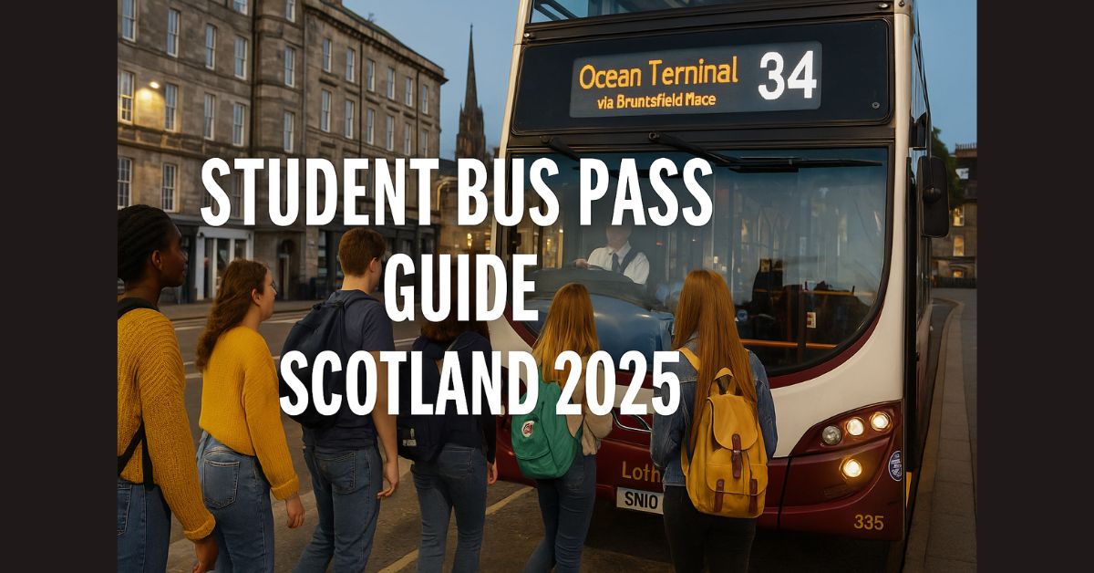 A group of students waits to board a Lothian bus to Ocean Terminal in Edinburgh, Scotland, during the evening. The image is overlaid with the text “Student Bus Pass Guide Scotland 2025.”