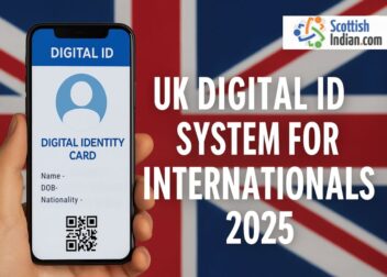 Hand holding a smartphone displaying a UK Digital Identity Card with the Union Jack flag in the background.