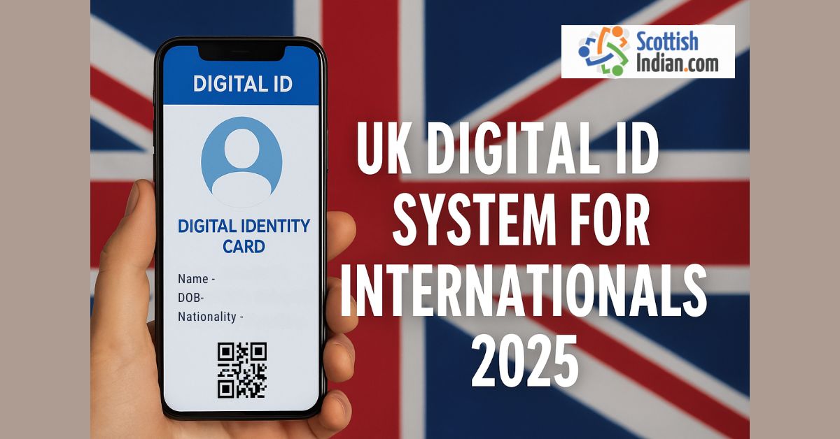 Hand holding a smartphone displaying a UK Digital Identity Card with the Union Jack flag in the background.