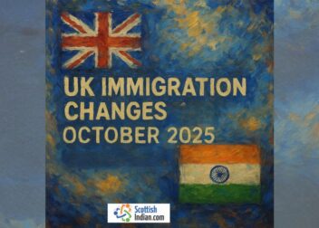 Artistic painting showing UK and Indian flags with the text “UK Immigration Changes October 2025,” representing new UK visa rules for Indians.