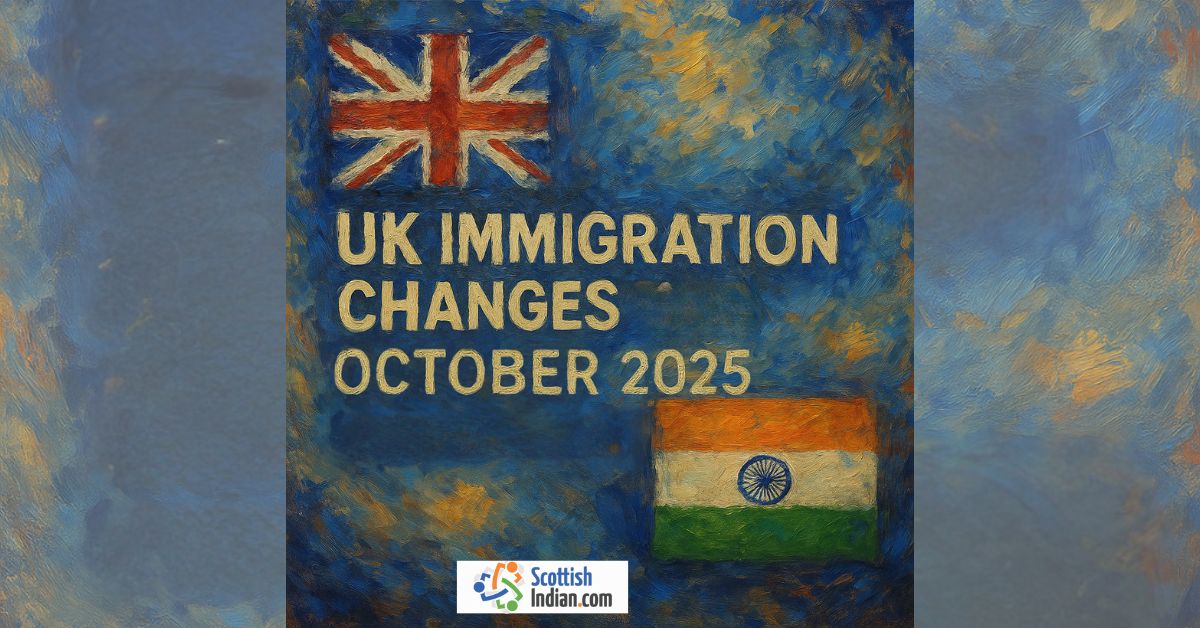 Artistic painting showing UK and Indian flags with the text “UK Immigration Changes October 2025,” representing new UK visa rules for Indians.