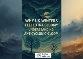 Surreal illustration of gloomy UK winter with swirling clouds, bare trees, and the blog title ‘Why UK Winters Feel Extra Gloomy: Understanding Anticyclonic Gloom,’ featuring ScottishIndian.com logo.