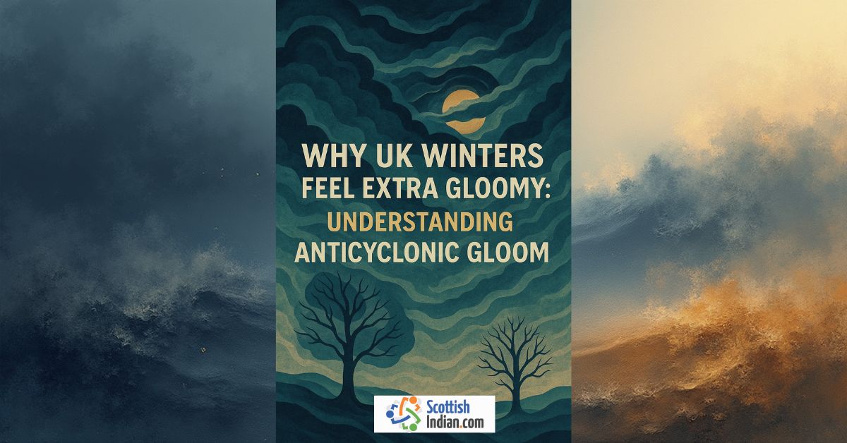 Surreal illustration of gloomy UK winter with swirling clouds, bare trees, and the blog title ‘Why UK Winters Feel Extra Gloomy: Understanding Anticyclonic Gloom,’ featuring ScottishIndian.com logo.