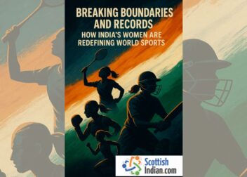 Illustrated silhouettes of Indian women athletes playing cricket, boxing, running, and badminton against a tricolour-inspired background, representing the rise of Indian women in world sports.