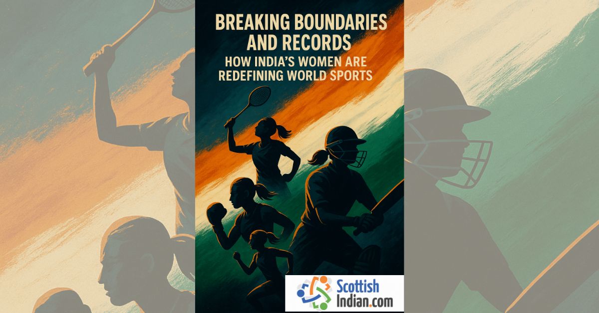 Illustrated silhouettes of Indian women athletes playing cricket, boxing, running, and badminton against a tricolour-inspired background, representing the rise of Indian women in world sports.