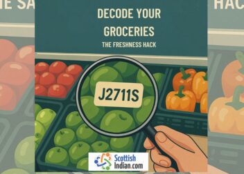 Illustration of a hand holding a magnifying glass over supermarket fruit labelled with a code “J2711S,” symbolising how to decode Sainsbury’s hidden freshness codes.