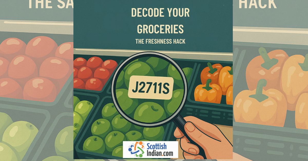 Illustration of a hand holding a magnifying glass over supermarket fruit labelled with a code “J2711S,” symbolising how to decode Sainsbury’s hidden freshness codes.