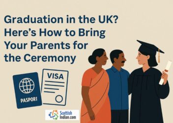 Illustration of a UK graduate in cap and gown standing with her Indian parents, next to passport and visa icons, symbolising travel for a graduation ceremony.