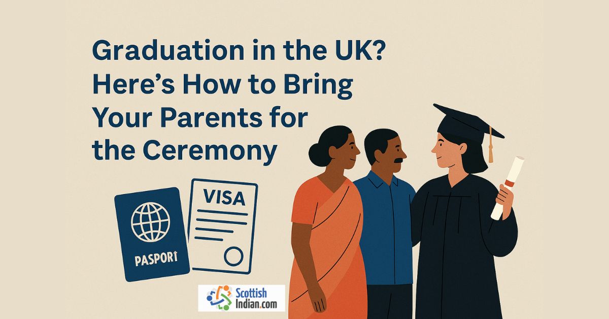 Illustration of a UK graduate in cap and gown standing with her Indian parents, next to passport and visa icons, symbolising travel for a graduation ceremony.