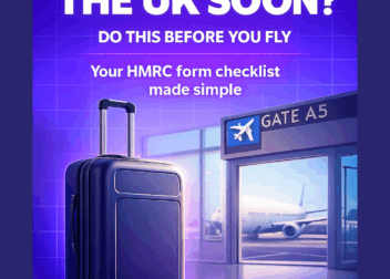 Suitcase placed near airport boarding gate A5 with a plane visible outside. Text on image reads Leaving the UK soon. Do this before you fly. Your HMRC form checklist made simple. ScottishIndian.com logo displayed below.