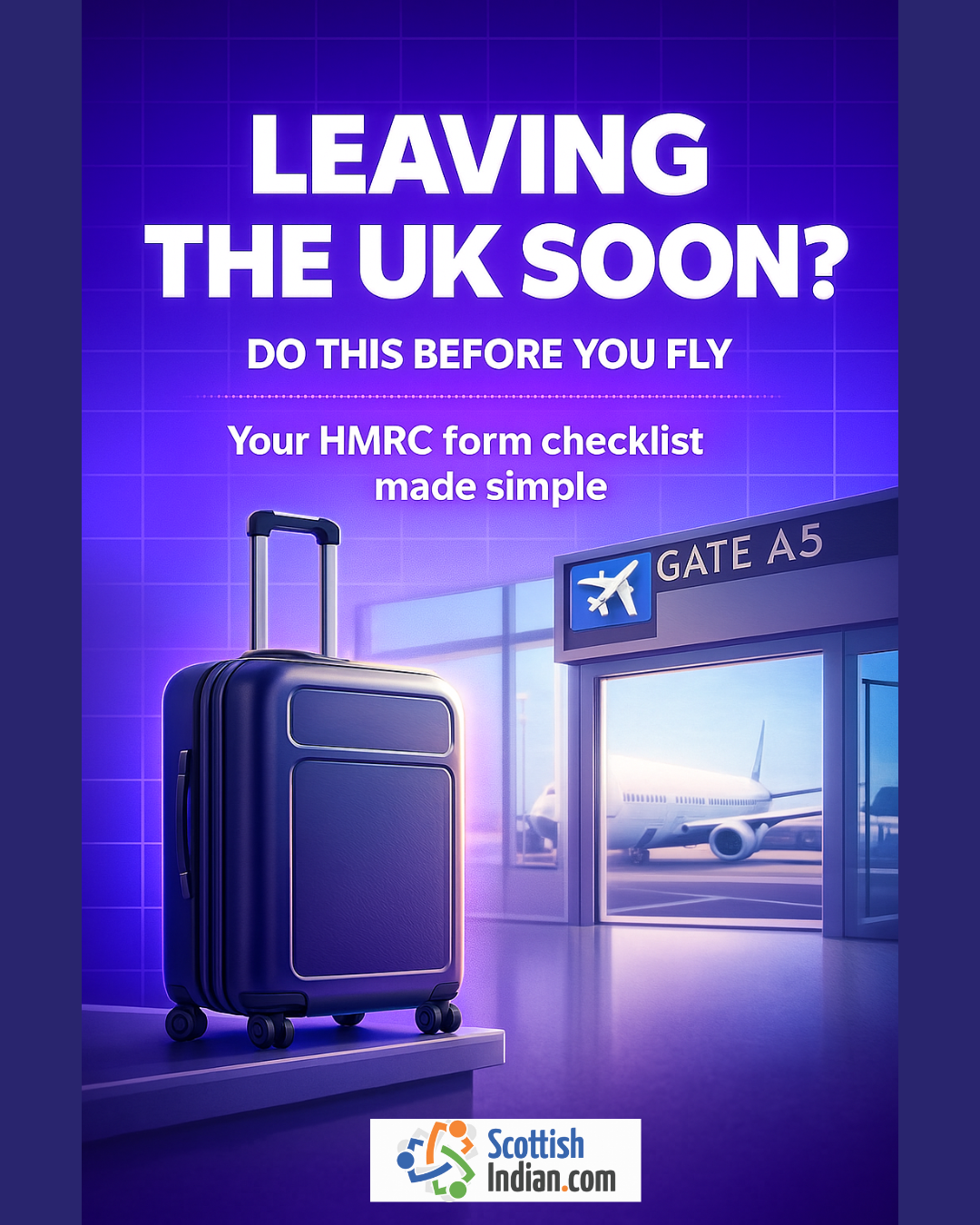 Suitcase placed near airport boarding gate A5 with a plane visible outside. Text on image reads Leaving the UK soon. Do this before you fly. Your HMRC form checklist made simple. ScottishIndian.com logo displayed below.