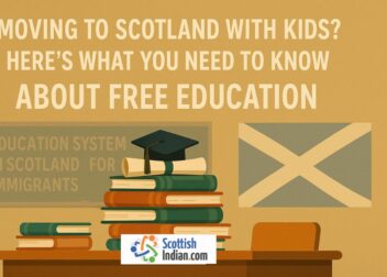 Illustration showing a stack of books, a graduation cap, a classroom desk, and the Scottish flag with text about free education for immigrant families moving to Scotland.