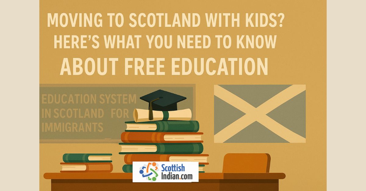 Illustration showing a stack of books, a graduation cap, a classroom desk, and the Scottish flag with text about free education for immigrant families moving to Scotland.