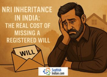 Illustration of a worried man sitting beside an envelope marked ‘Will,’ symbolising the emotional and financial challenges NRIs face when trying to claim inheritance in India without a registered will.