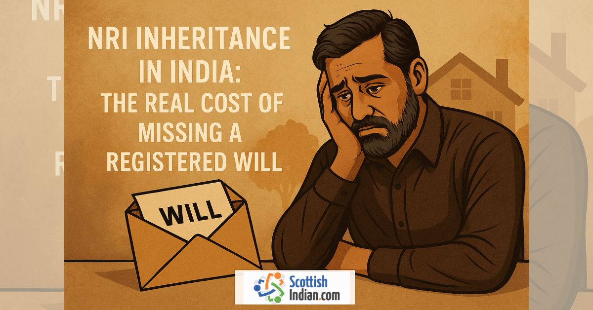 Illustration of a worried man sitting beside an envelope marked ‘Will,’ symbolising the emotional and financial challenges NRIs face when trying to claim inheritance in India without a registered will.