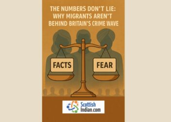 Illustration of a balanced scale comparing “Facts” and “Fear” against silhouettes of diverse people, symbolising how evidence outweighs misinformation about migrants and crime in Britain.