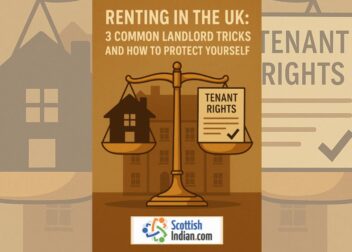 Illustration of a balanced scale showing a house on one side and a tenant rights document on the other, symbolising fairness and legal protection for renters in the UK.