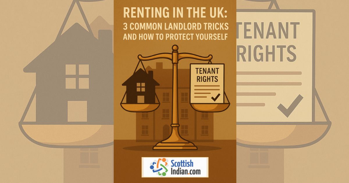 Illustration of a balanced scale showing a house on one side and a tenant rights document on the other, symbolising fairness and legal protection for renters in the UK.