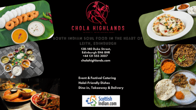 A promotional graphic for Chola Highlands featuring South Indian dishes including idli, vada, dosa, biryani and traditional meals arranged on banana leaves. The centre displays the restaurant logo, contact details and information about catering, halal friendly dishes, dine in, takeaway and delivery services in Leith, Edinburgh.