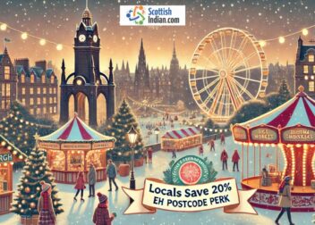 A festive illustration of the Edinburgh Christmas Market at dusk, featuring the Big Wheel, market stalls, a carousel, and people walking through snowy streets, with a banner reading “Locals Save 20% – EH Postcode Perk” and the ScottishIndian.com logo above.