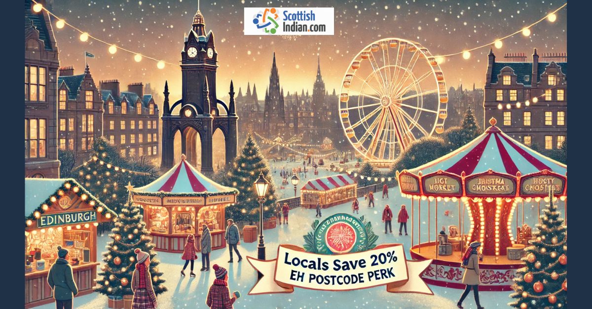 A festive illustration of the Edinburgh Christmas Market at dusk, featuring the Big Wheel, market stalls, a carousel, and people walking through snowy streets, with a banner reading “Locals Save 20% – EH Postcode Perk” and the ScottishIndian.com logo above.