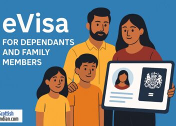 Illustration of a South Asian family holding a digital UK eVisa display, with the text “eVisa for Dependants and Family Members” and the ScottishIndian.com logo.