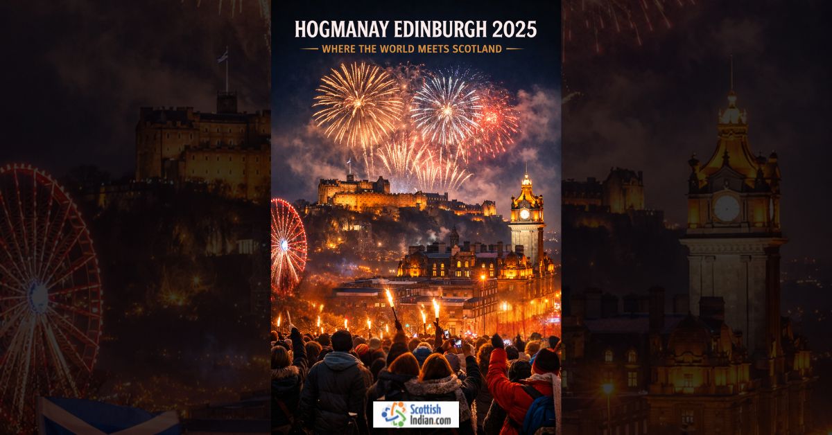 Hogmanay in Edinburgh 2025 fireworks over Edinburgh Castle with torchlit crowd celebrating at midnight