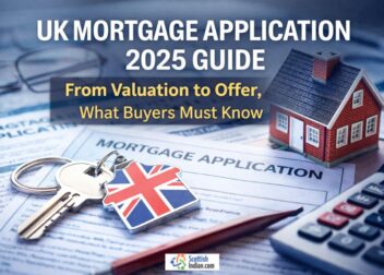 UK mortgage valuation and offer 2025 steps shown with house model and keys on documents