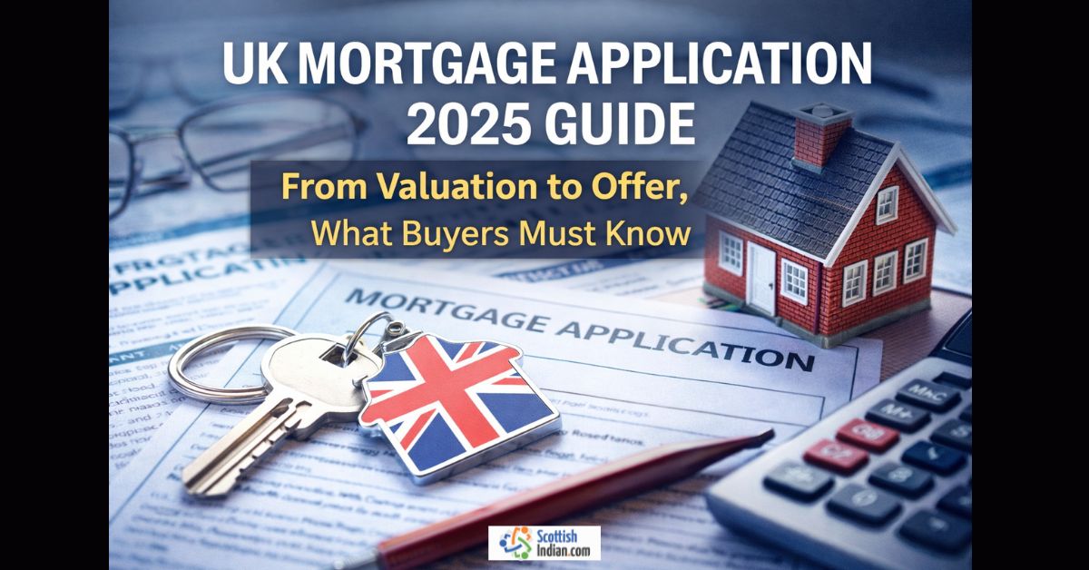 UK mortgage valuation and offer 2025 steps shown with house model and keys on documents