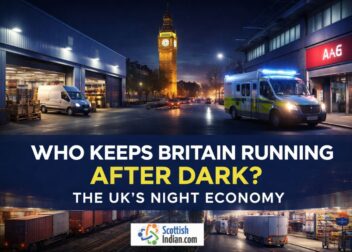 UK night economy showing hospitals, logistics hubs, emergency services, and city infrastructure operating after dark