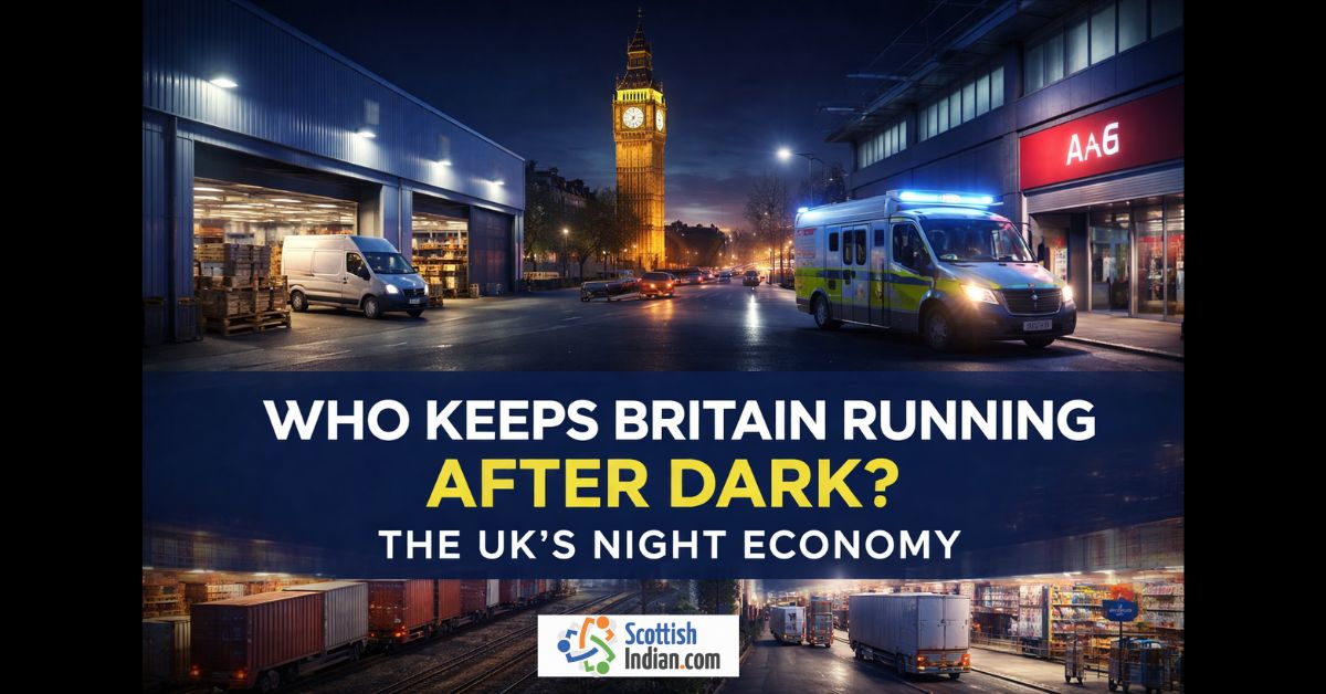 UK night economy showing hospitals, logistics hubs, emergency services, and city infrastructure operating after dark