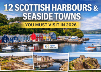 Scottish harbours and seaside towns 2026 collage featuring Tobermory harbour, coastal villages, and inset seaside landmarks under clear skies