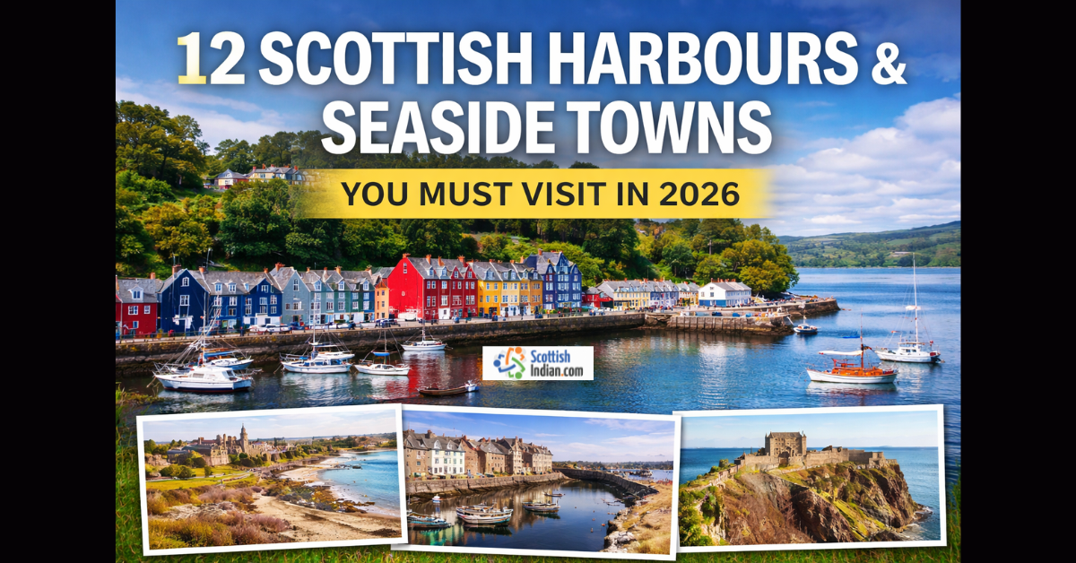 Scottish harbours and seaside towns 2026 collage featuring Tobermory harbour, coastal villages, and inset seaside landmarks under clear skies