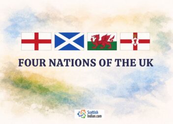 Four UK national flags above the text “Four Nations of the UK” on a soft watercolor background.