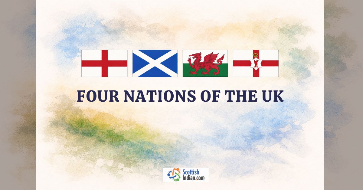 Four UK national flags above the text “Four Nations of the UK” on a soft watercolor background.