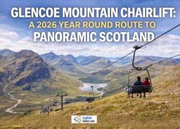 Glencoe Mountain chairlift 2026. A single chairlift floating through Highland mist with snow-dusted Munro peaks and loch reflections below