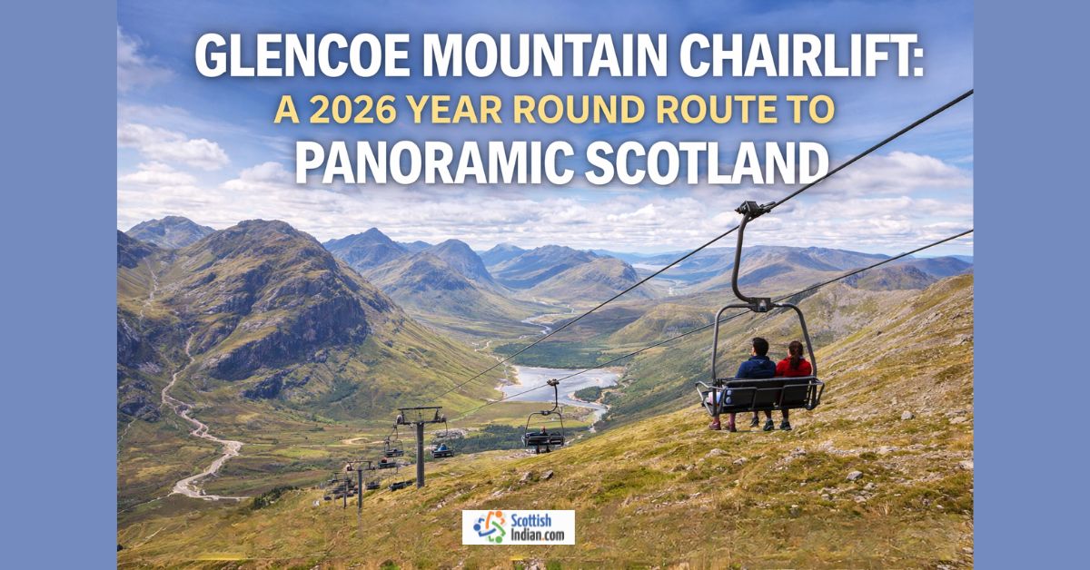 Glencoe Mountain chairlift 2026. A single chairlift floating through Highland mist with snow-dusted Munro peaks and loch reflections below
