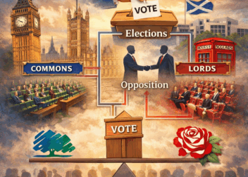 Illustrated feature image showing the UK Parliament, House of Commons, House of Lords, ballot box, and symbols of elections, opposition, and devolved governments in Britain.
