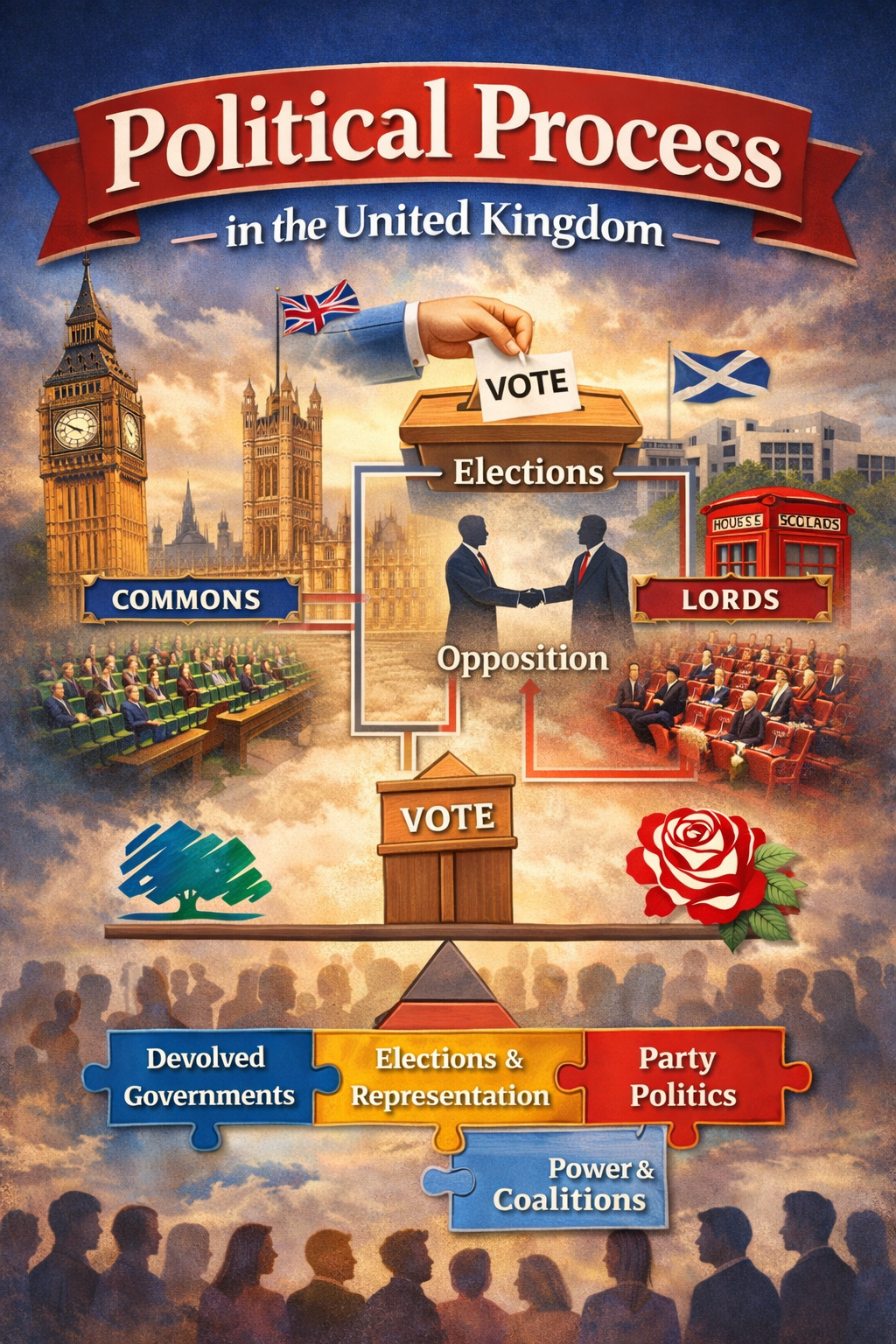 Illustrated feature image showing the UK Parliament, House of Commons, House of Lords, ballot box, and symbols of elections, opposition, and devolved governments in Britain.