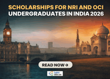 Scholarships for NRI and OCI undergraduates in India 2026 banner showing a split backdrop of London’s Big Ben and India’s Taj Mahal, with bold text and a call to action button.