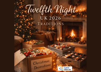 Twelfth Night UK 2026 traditions graphic showing a cosy living room with a Christmas tree and decorations being packed into boxes beside a warm fireplace