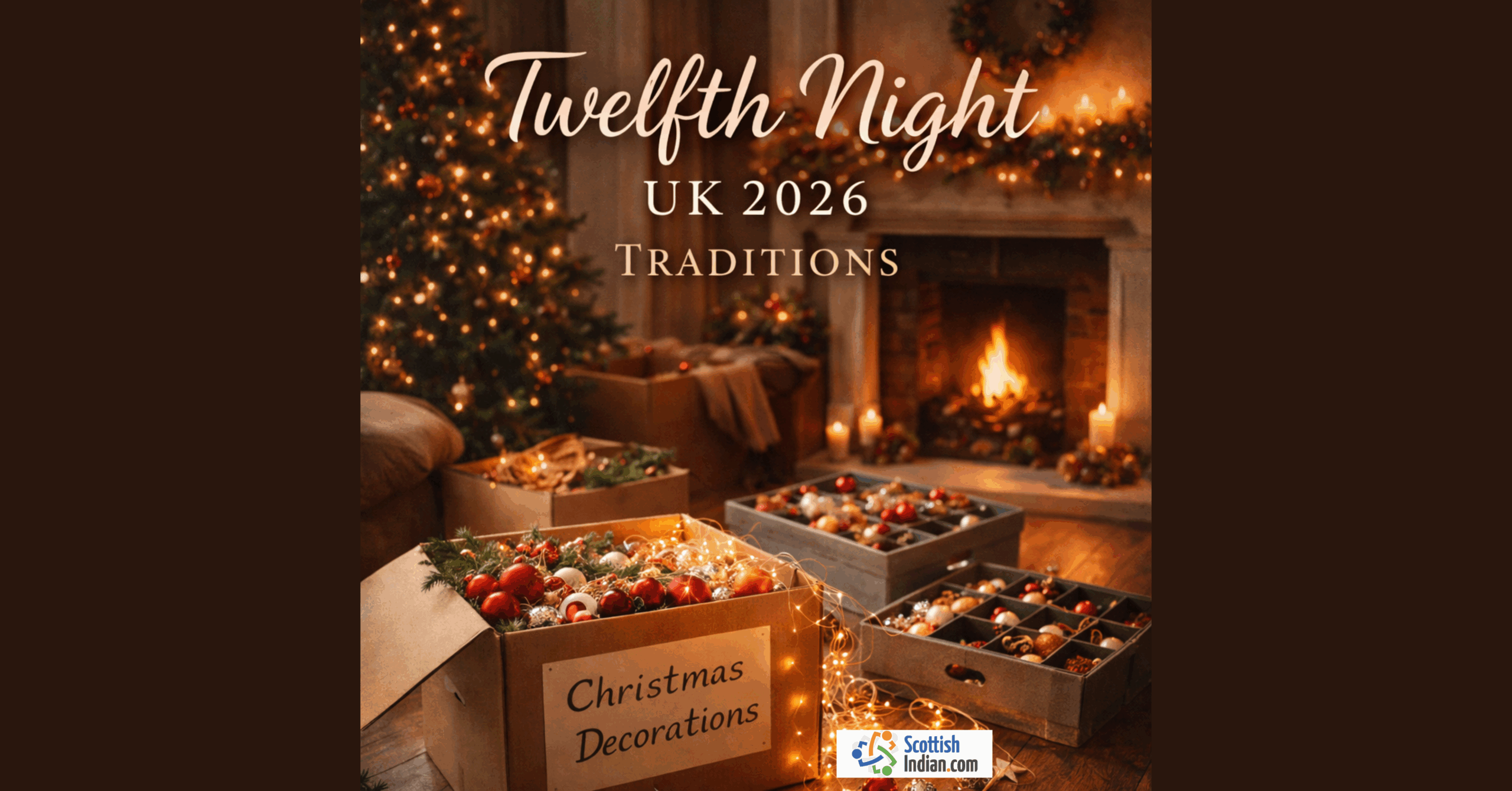 Twelfth Night UK 2026 traditions graphic showing a cosy living room with a Christmas tree and decorations being packed into boxes beside a warm fireplace