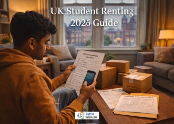 Cosy UK rental living room 2026 scene with a South Asian student holding an inventory checklist and phone, boxes and deposit return form on a wooden table, warm lighting, and a university building visible through the window