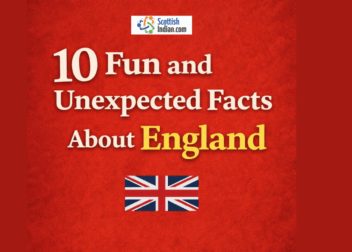 Minimal red feature image with bold white and yellow text reading “10 Fun and Unexpected Facts About England” and a small Union Jack flag at the bottom.