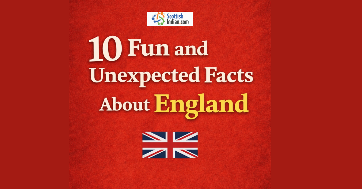 Minimal red feature image with bold white and yellow text reading “10 Fun and Unexpected Facts About England” and a small Union Jack flag at the bottom.