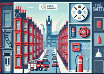 Fire safety in Glasgow homes showing smoke alarms, fire extinguisher, and Scottish Fire and Rescue response.