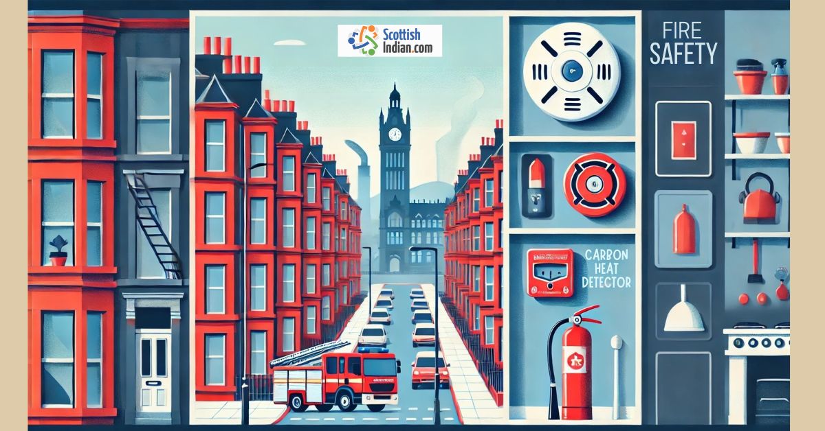 Fire safety in Glasgow homes showing smoke alarms, fire extinguisher, and Scottish Fire and Rescue response.