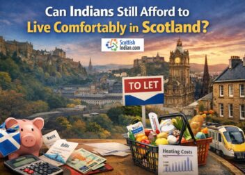 Feature image showing Edinburgh skyline at sunset with a piggy bank wrapped in the Scottish flag, rent and bill papers, a calculator, groceries, a heating costs sheet, a To Let sign, and a tram, illustrating the rising cost of living in Scotland.