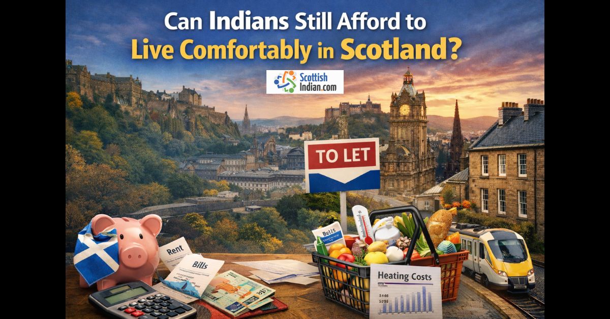 Feature image showing Edinburgh skyline at sunset with a piggy bank wrapped in the Scottish flag, rent and bill papers, a calculator, groceries, a heating costs sheet, a To Let sign, and a tram, illustrating the rising cost of living in Scotland.